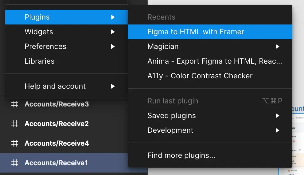 A Figma plugins menu with "Figma to HTML with Framer" highlighted, among Magician, Anima and a colour-contrast checker.