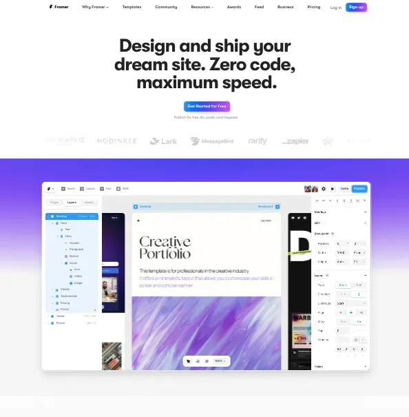 The Framer marketing site: "Design and ship your dream site. Zero code, maximum speed." above a screenshot of the editor.