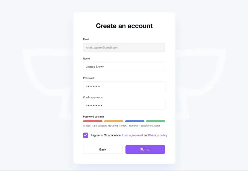 A "Create an account" form with email, name, password and confirm-password fields, a password-strength meter, and a checkbox agreeing to the Cicada Wallet user agreement and privacy policy.