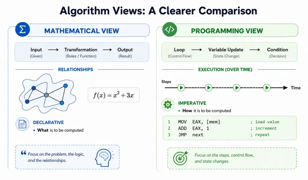 Two views of an algorithm. The mathematical view runs input, transformation, output, with a graph of relationships and the function f of x equals x squared plus 3x, declarative, concerned with what is computed. The programming view runs loop, variable update, condition, with a timeline of execution steps and three lines of assembly, imperative, concerned with how it is computed.