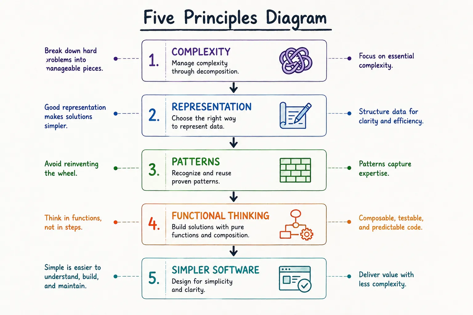 A five-step diagram, annotated on both sides. Manage complexity through decomposition, choose the right way to represent data, recognise and reuse proven patterns, build with pure functions and composition, and design for simplicity, running from break hard problems into manageable pieces through to deliver value with less complexity.
