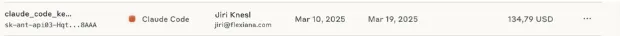 A billing line item for Claude Code usage on the author’s account, dated March 2025, for 134.79 USD.