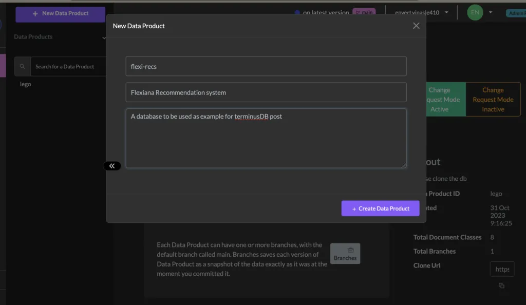 The TerminusDB "New Data Product" dialog being filled in with the id flexi-recs and the name "Flexiana Recommendation system", over a data-products list.