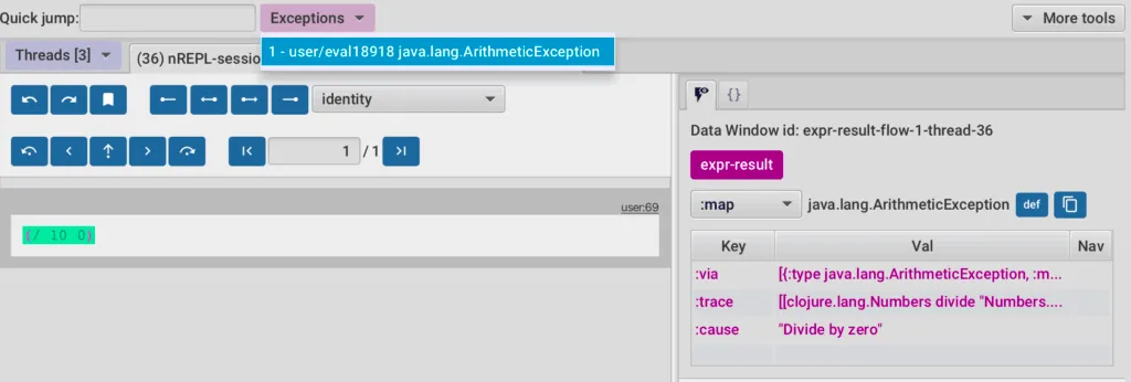 Exception navigation in the "Flow" window.