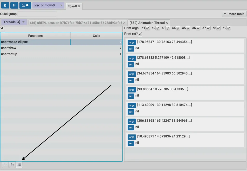 Need a quick summary of all functions that ran, or want to find every single call to user/draw? The 'Function List' tool gives you a flat, searchable index of all recorded function invocations.