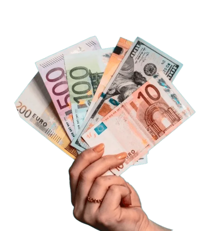A hand holding a fan of euro and dollar banknotes