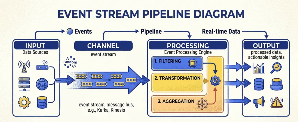 Event stream pipeline diagram: input data sources feed a channel (event stream, message bus such as Kafka or Kinesis), then a processing engine that filters, transforms and aggregates, producing real-time processed data and actionable insights.