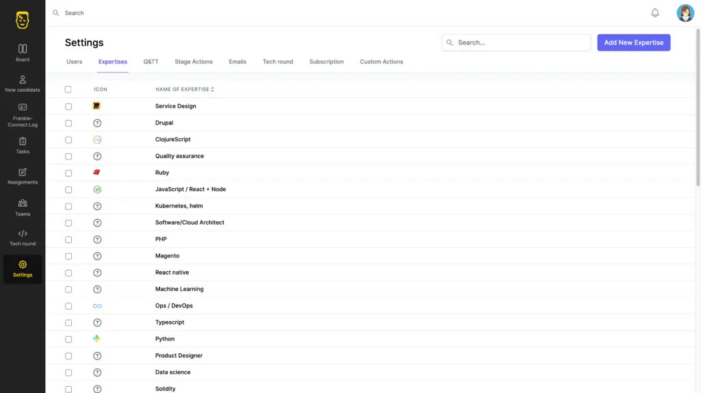 The Frankie settings screen, on the Expertises tab: a list of skills such as service design, Drupal, ClojureScript, quality assurance, Ruby, Kubernetes, machine learning and data science, with an "Add New Expertise" button.