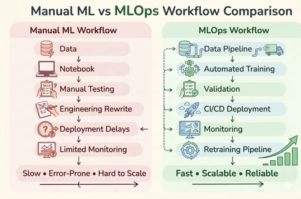 Manual ML vs MLOps Workflow Comparision
