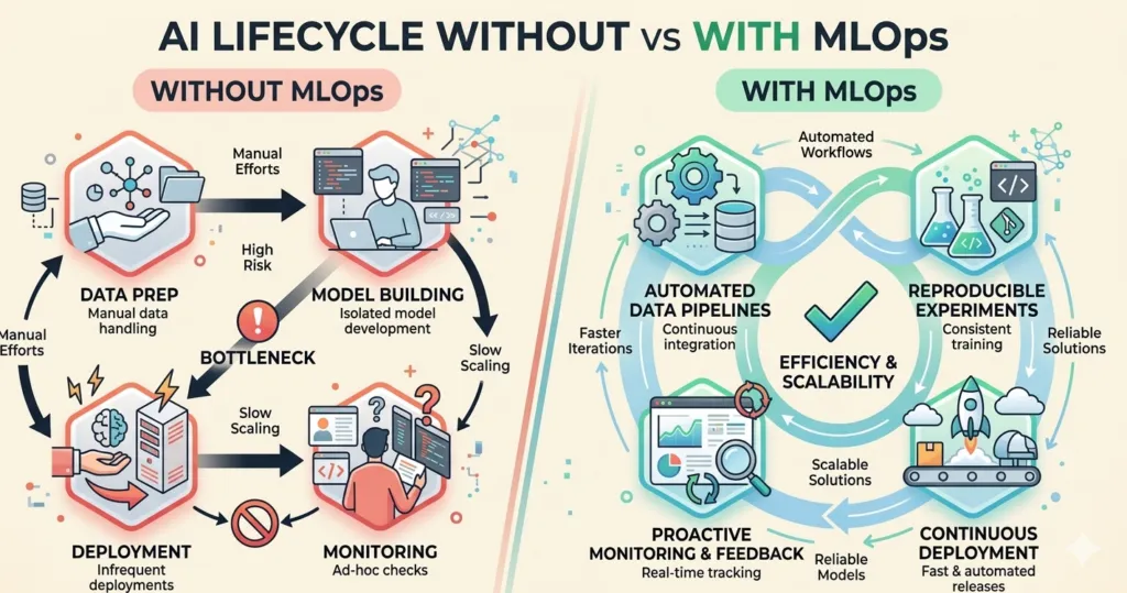 A lifecycle without vs with MLOPs