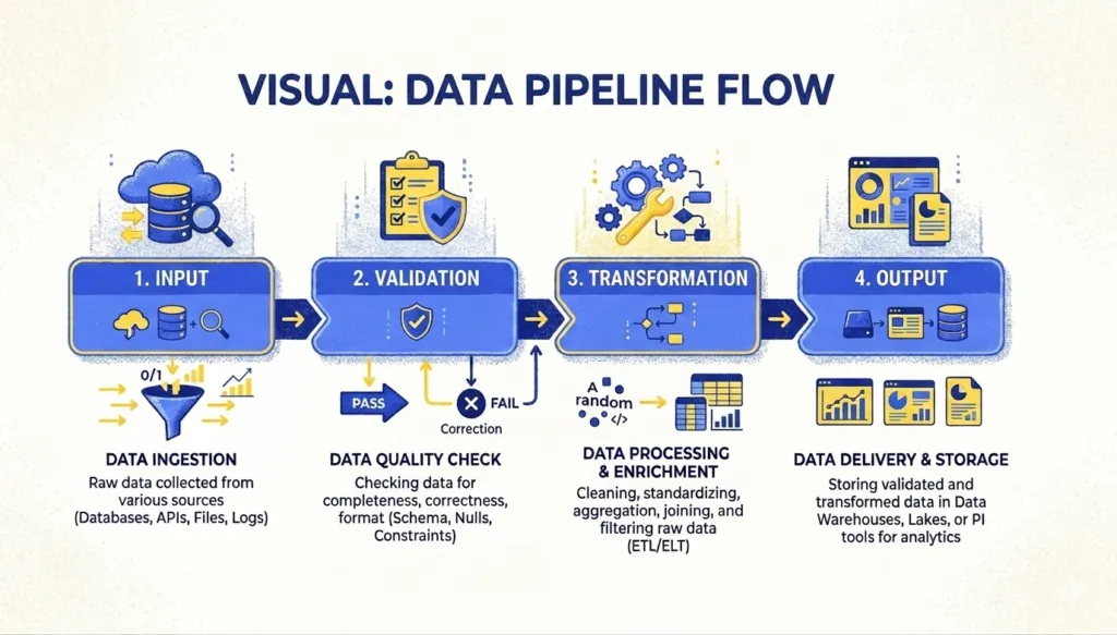 Data pipeline flow in four stages: ingestion of raw data from databases, APIs, files and logs; validation for completeness, correctness, schema, nulls and constraints; transformation and enrichment through cleaning, standardising, aggregating, joining and filtering; then delivery and storage into warehouses, lakes or BI tools.