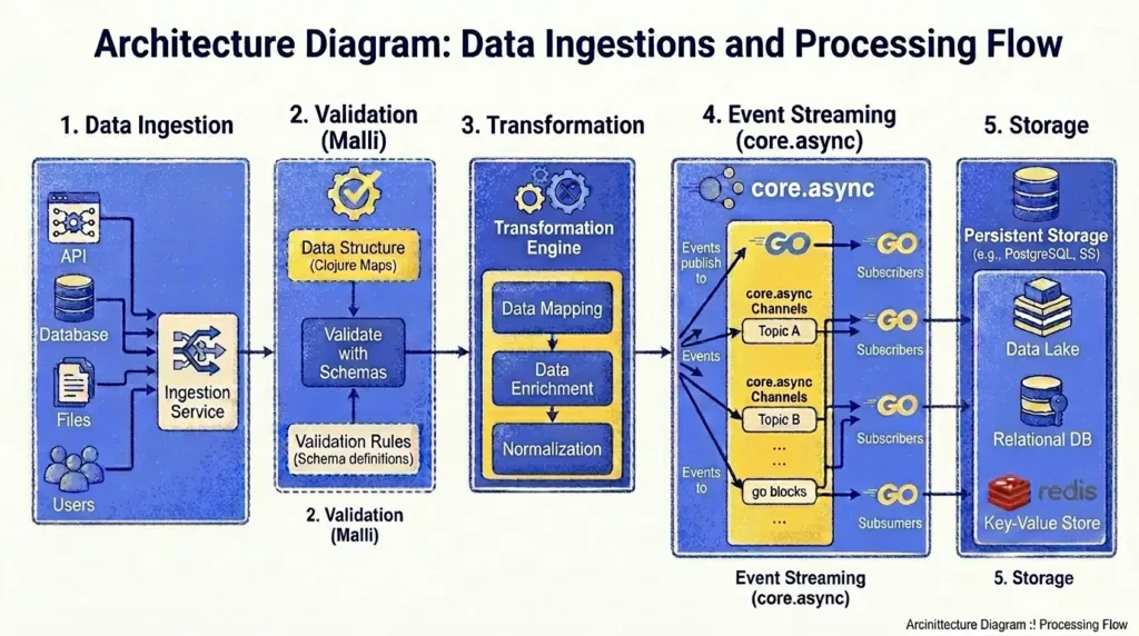 Architecture diagram of a data ingestion and processing flow: sources (API, database, files, users) reach an ingestion service, then Malli validation against schemas, a transformation engine doing mapping, enrichment and normalisation, core.async channels fanning events out to subscribers by topic, and finally persistent storage in PostgreSQL, a data lake, a relational database and a Redis key-value store.