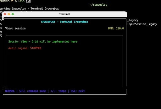 A terminal running Spaceplay, a text-mode groovebox: a session view at 120 BPM with the audio engine stopped, and a status line offering command mode, tempo and exit keys.