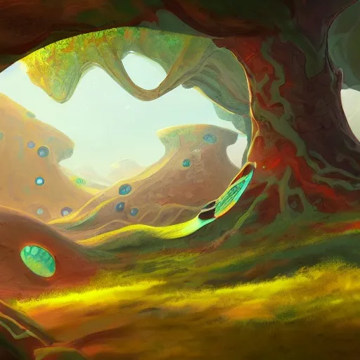 A generated landscape illustration: a luminous cave mouth in an ochre rock formation above a field of yellow-green grass.