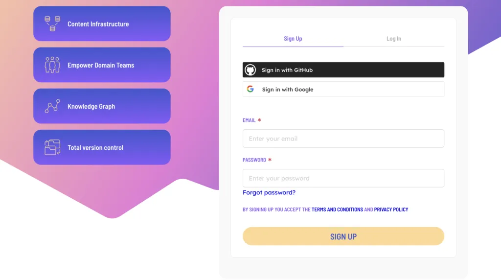The TerminusDB sign-up screen, offering GitHub or Google sign-in beside an email and password form, with the product’s pillars listed alongside: content infrastructure, empower domain teams, knowledge graph, total version control.
