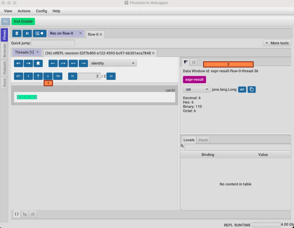 Navigating a recording. (1) Navigation buttons, (2) Data Window.