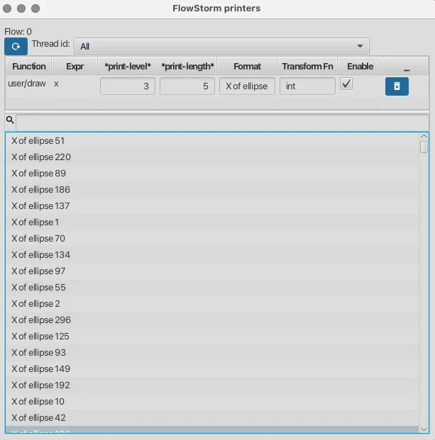 The "FlowStorm printers" window showing recorded values.