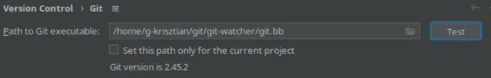 An IDE version-control settings panel with the path to the Git executable set to a git-watcher script, reporting Git version 2.45.2.