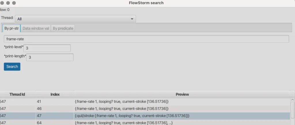 The "search" tool with results for "frame-rate".