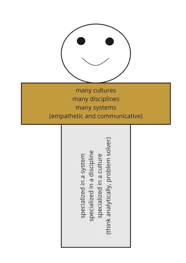 The T-shaped person model: a broad horizontal bar reading "many cultures, many disciplines, many systems (empathetic and communicative)" above a vertical bar reading "specialized in a system, specialized in a discipline, specialized in a culture (think analytically, problem solver)".